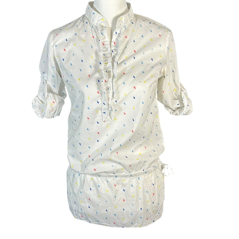 Lilly Pulitzer Tunic Women's 0 White Multicolored Fish Print Ruffle Henley Top